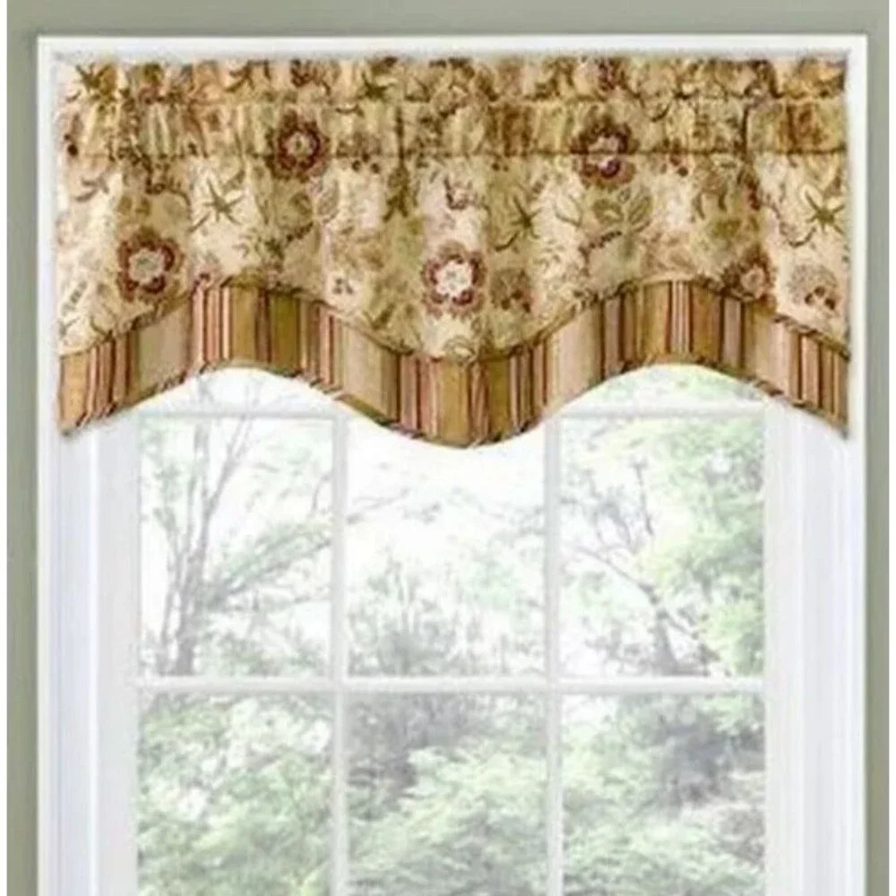Waverly Valance Curtain Navarra Antique Beige Scallop Floral Stripe 52X16